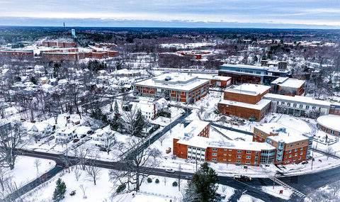 An aerial of BSU's campus in the snow